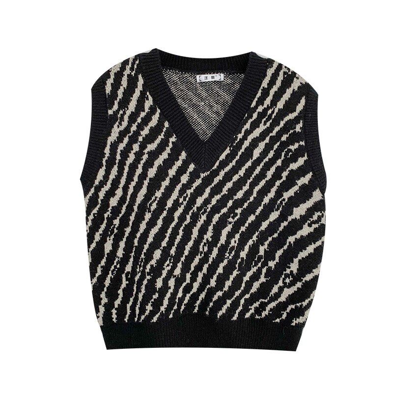 Impressão da zebra do vintage camisola de malha colete feminino faculdade meninas moda sem mangas com decote em v casual regata 2020 outono novo design