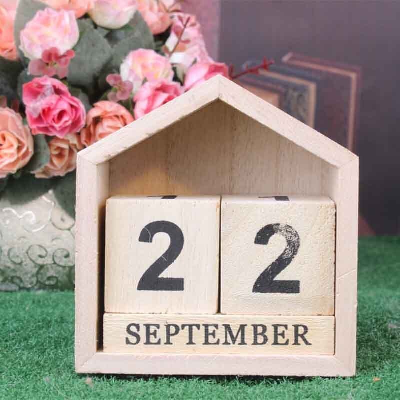 BESTVintage House Shape Perpetual Calendar Wood Desk Wooden Block Home Office Supplies Decoration Artcraft-Wood Color