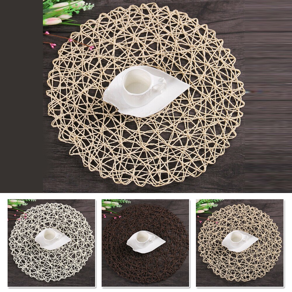 2pcs 38cm Dining Table Mat Cup Pads Rural Table Hollow Mat Round Woven Dining Pads Handmade Christmas Decorations Home Tableware