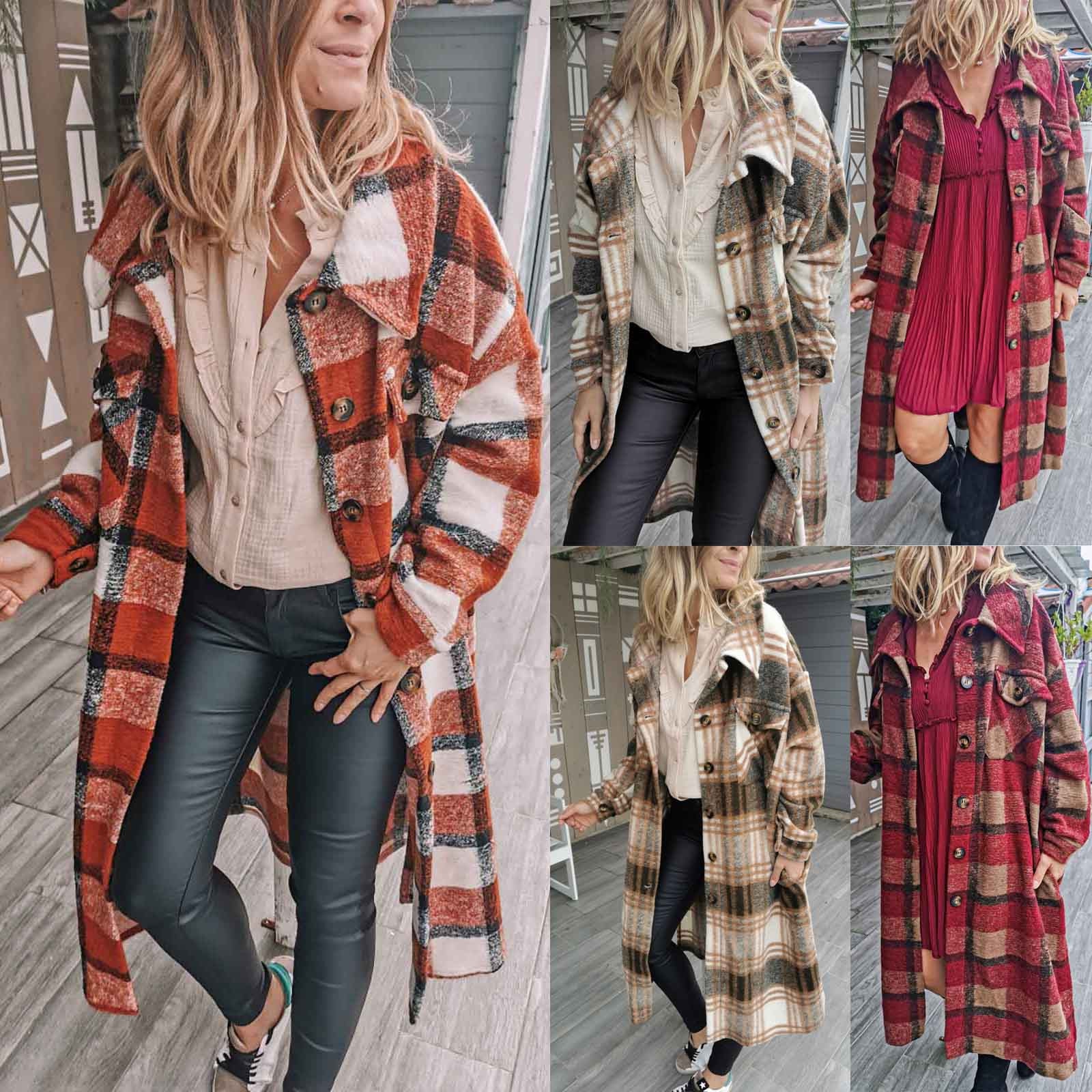 Ladies Lapel Plaid Print Long Coat Women Lattice Turn Down Collar Buttons Pockets Long Sleeve Jacket Loose Jackets Top #T2G