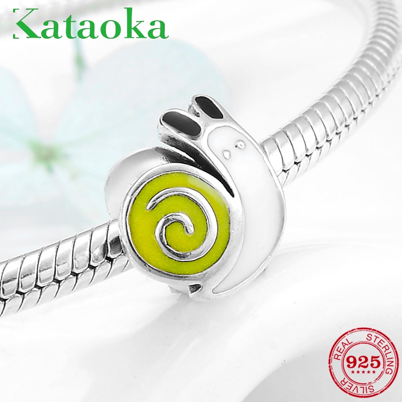 100% 925 perles d'espacement en argent sterling émaillé jaune en forme d'escargot actif, adaptées aux bracelets européens originaux, fabrication de bijoux