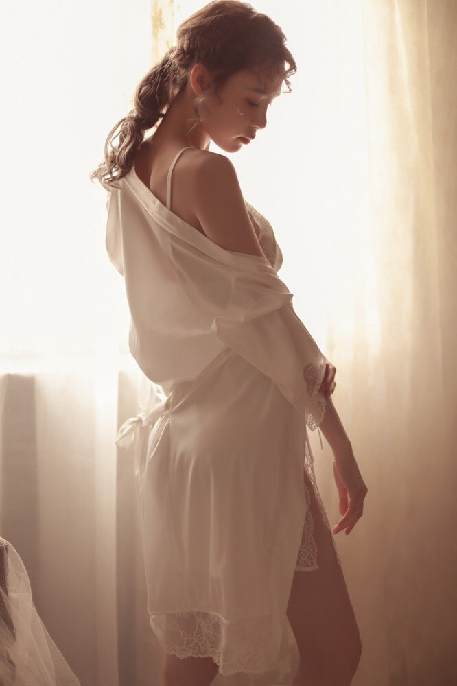 Home Wear Night Coat Women Nightgown Ladies Lace Sleepwear Silk Night Sleeping Dress Set Female: white / M