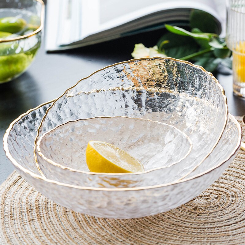 Mdzf sweethome nordisk gyllene kant salladsskål transparent glas frukt tallrik efterrätt rund fyrkantig skål porslin