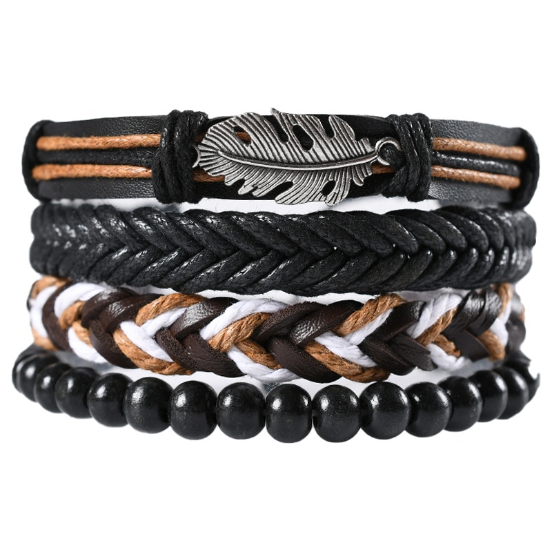 KaiMin 4pcs/ set Adjustable Leather Bracelets for Men Braided PU Black Brown Bangle Life Tree Leaf Rudder Charm Bracelet: JW8034-3