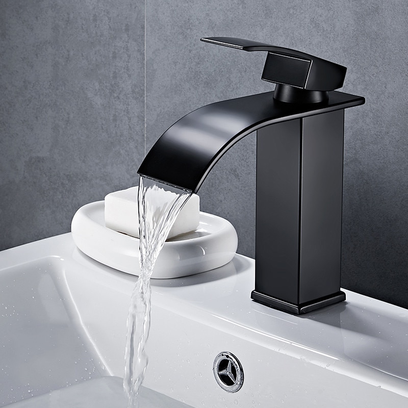 Xunshini vandfald håndvaskarmatur badeværelse vandhane forfængelighed beholder håndvaskarmatur koldt og dækmonteret håndvask vaskehaner: Sort kort