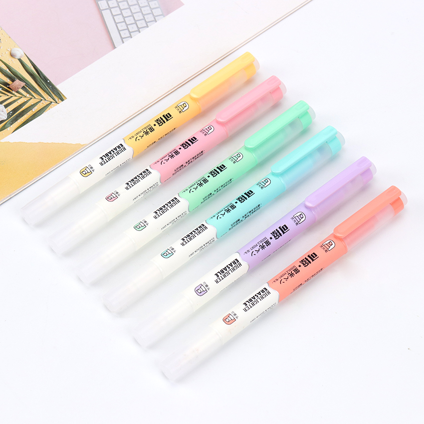 Rotuladores de resaltador de doble cabeza, Material de papelería Kawaii, útiles escolares de escritura, resaltador que se puede borrar, 6 uds.