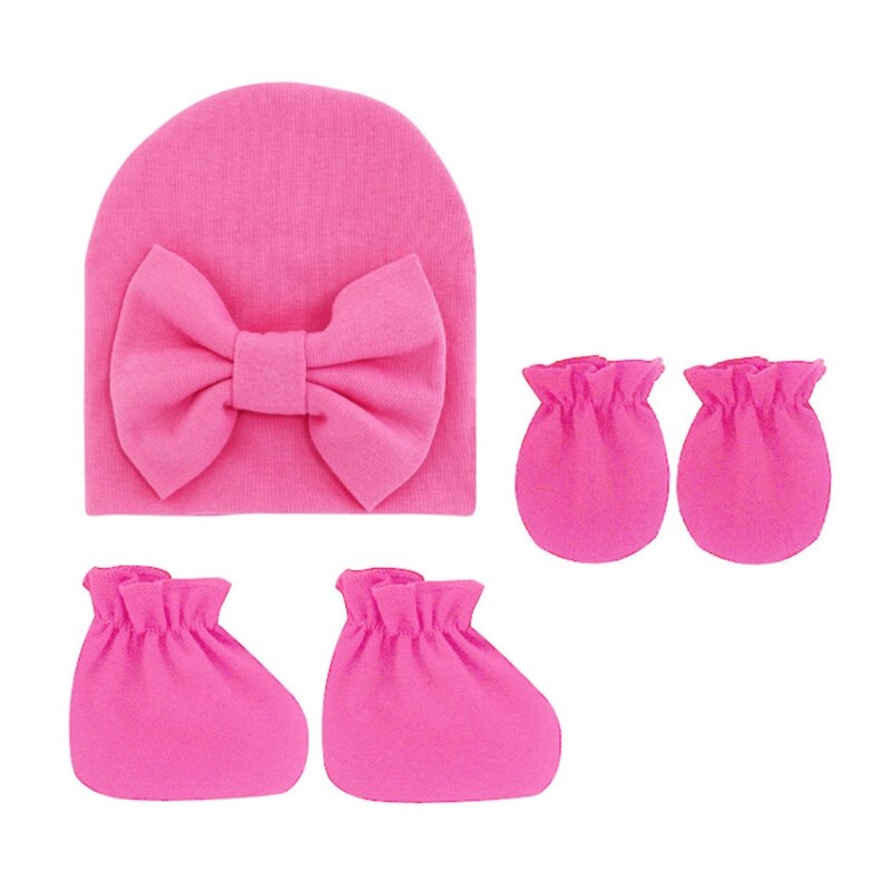 Baby Strik Hoed Geen Kras Handschoenen Voet Cover Set Zuigelingen Zachte Katoenen Wanten D5QA: rose Red