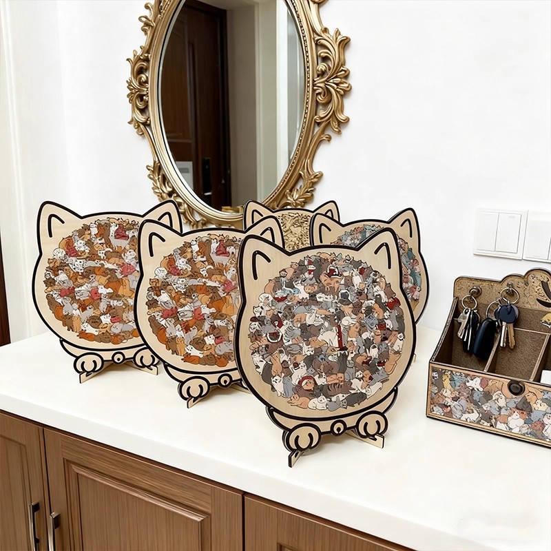 Colored Cat Shaped Wooden Jigsaw Puzzle, Cats Shaped Wooden Puzzle, Unique Animal Shape Wood Puzzle, for Cats Lov