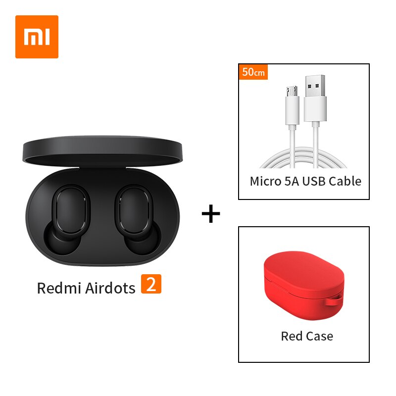 100% Original Xiaomi Redmi Airdots 2 Earbuds AI Control Stereo Bass with Mic Handsfree TWS Wireless Bluetooth 5.0 Earphone: add cable red case