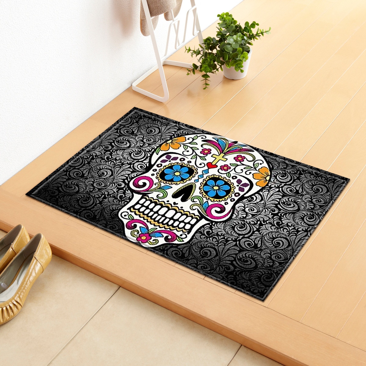 Cool Skull Bath Mat Non-Slip Fleece Toilet Floor Rug Water Dust Absorbing Bathroom Carpet Doormat Soft Halloween Kitchen Blanket: 1