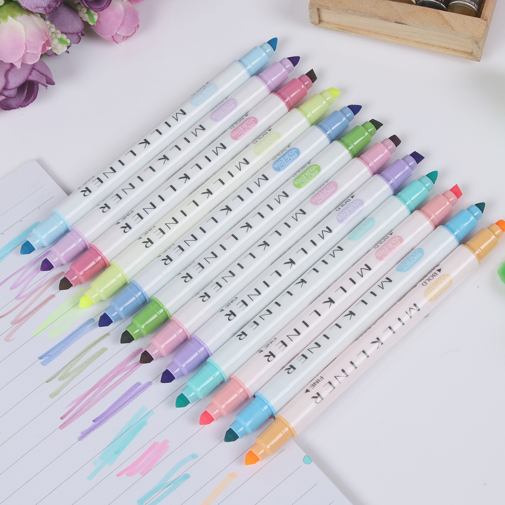12 teile/satz Milkliner Doppel geleitet Fluoreszierende Stifte Liner Milch Marker Stift Textmarker Nette Kunst Zeichnung Magie Stift Schreibwaren