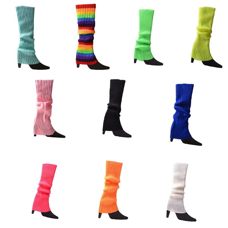 Women Vintage 80s Ribbed Knitted Leg Warmers Fluorescent Color Crochet Long Boot Socks Stockings for Party Dance Yoga
