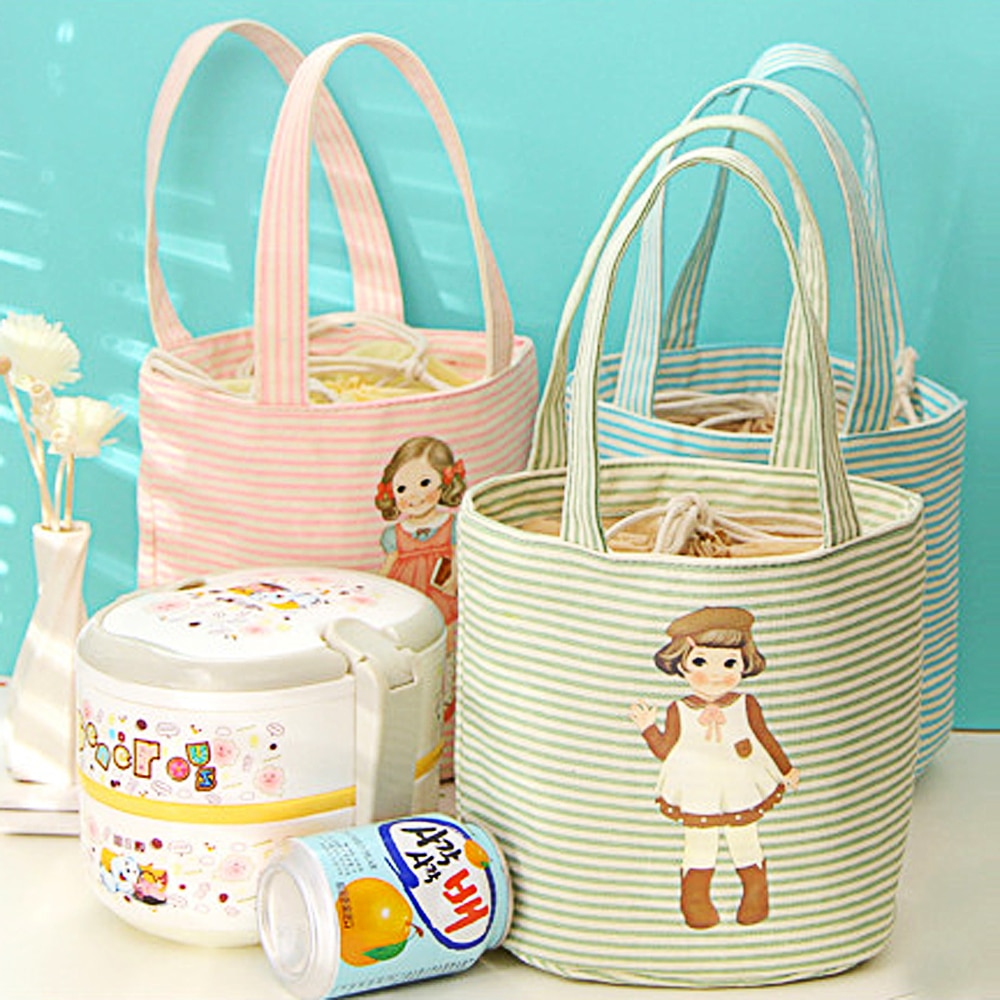 Cute Girl Cylindrical Lunch Bag Students Round Lunch Box Bag Waterproof Insulation Circular Drawstring Food Thermal Cooler Tote