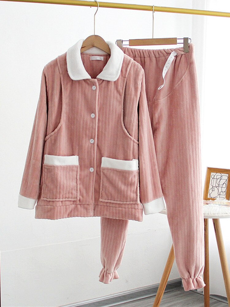 Fdfklak-Pijama de franela gruesa y cálida para mujer, Ropa premamá invierno, Pijama de Enfermería de manga larga para lactancia: pink / XL