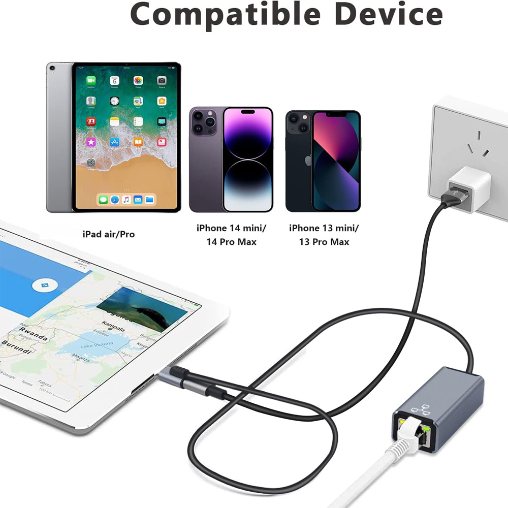 Internet RJ45 pour Lightning iPhone 14 13 12 11 8 7 6 5 /iPad/iPod adaptateur réseau LAN Ethernet avec Port adaptateur de Charge 20W