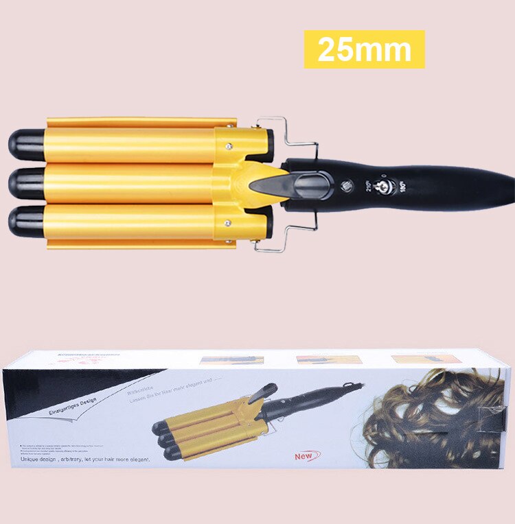 Pro 25-32m Automatic Perm Splint Ceramic Hair Curler Triple Barrels Big Wave Hair Curling Iron Hair Waver Curlers Styling Tools: Yellow 25mm