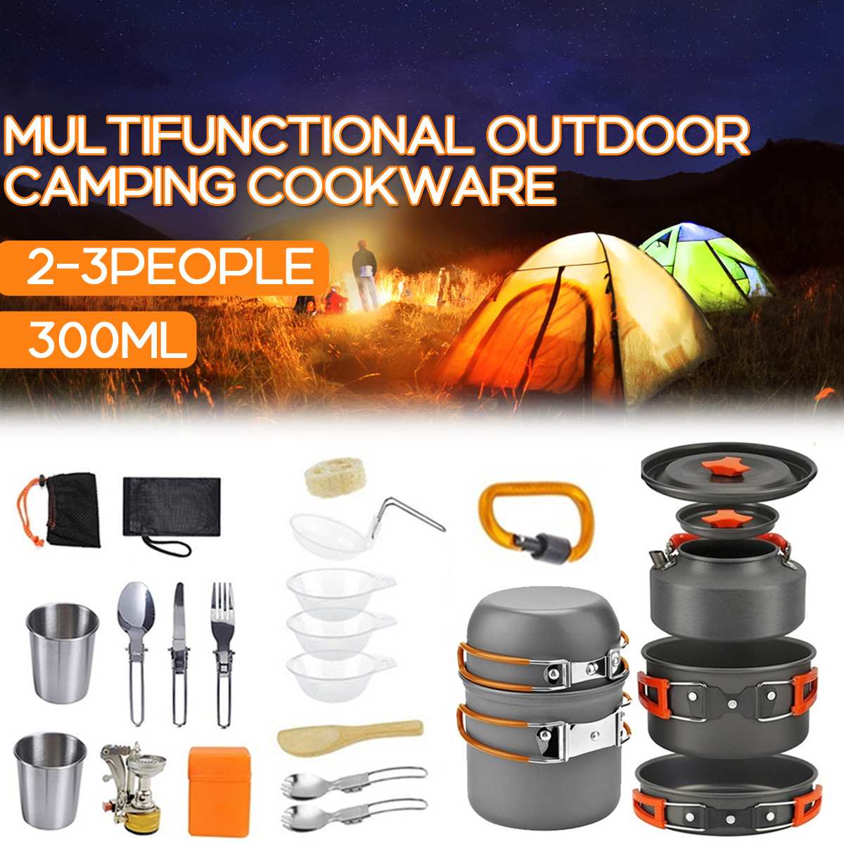 Outdoor Camping Cookware Tableware Picnic Cooking Pan Fry Pan Kettle Teapot Foldable Fork Spoon Kit Hiking Camping Picnic Tools