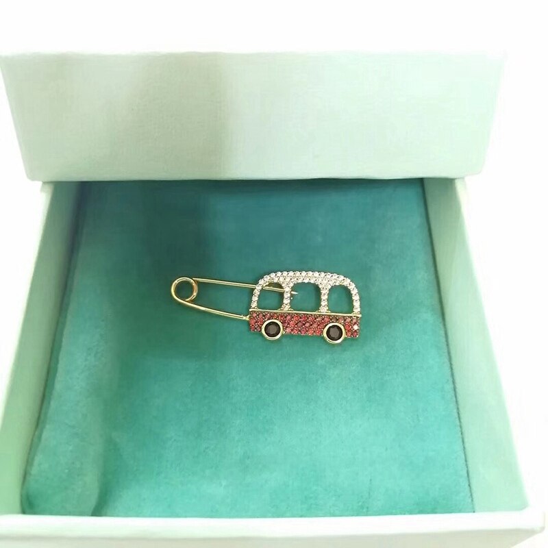 Cute 925 Sterling Silver Lovely Bus Brooch AAA Zircon Sweetie Van Food Travel Brooch Pin Gold Color Women Party Jewelry