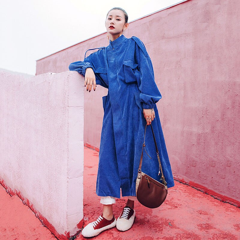Gabardina larga de pana azul de tendencia, gabardina para mujer de cintura ajustable de alta de otoño , cazadora de calle, gabardina FY46