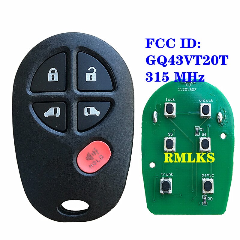 FCC ID: GQ43VT20T Replacement 5+1 6 Button 315MHz Remote Car Key Fob for Toyota Sienna: 5BTN 315MHz