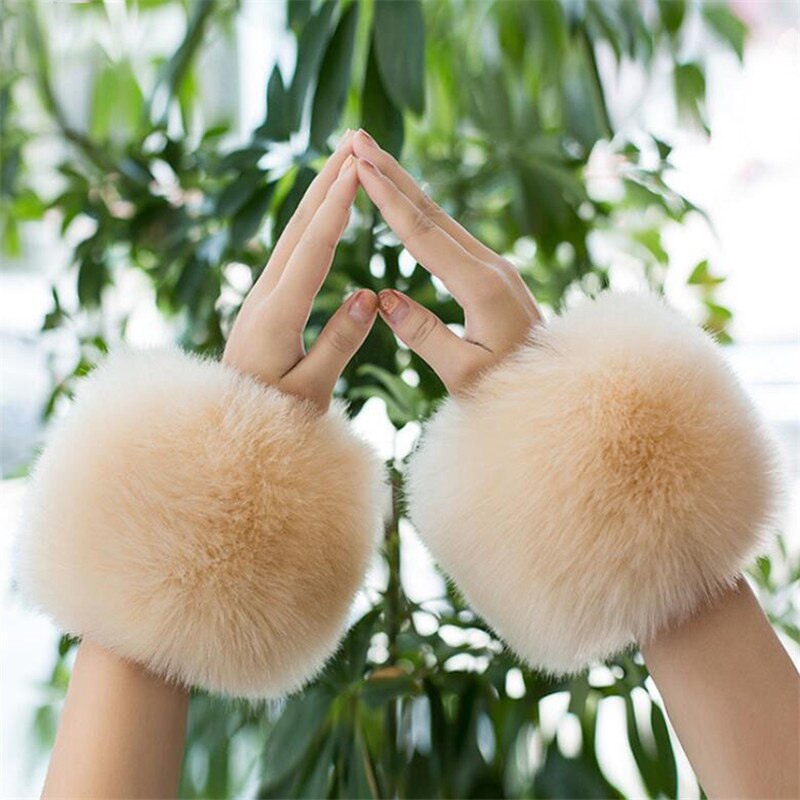 Manchette en fausse fourrure de renard de pour femmes, chauffe-bras, mignon, décor, hiver, automne, manches courtes, solide, W108: Apricot