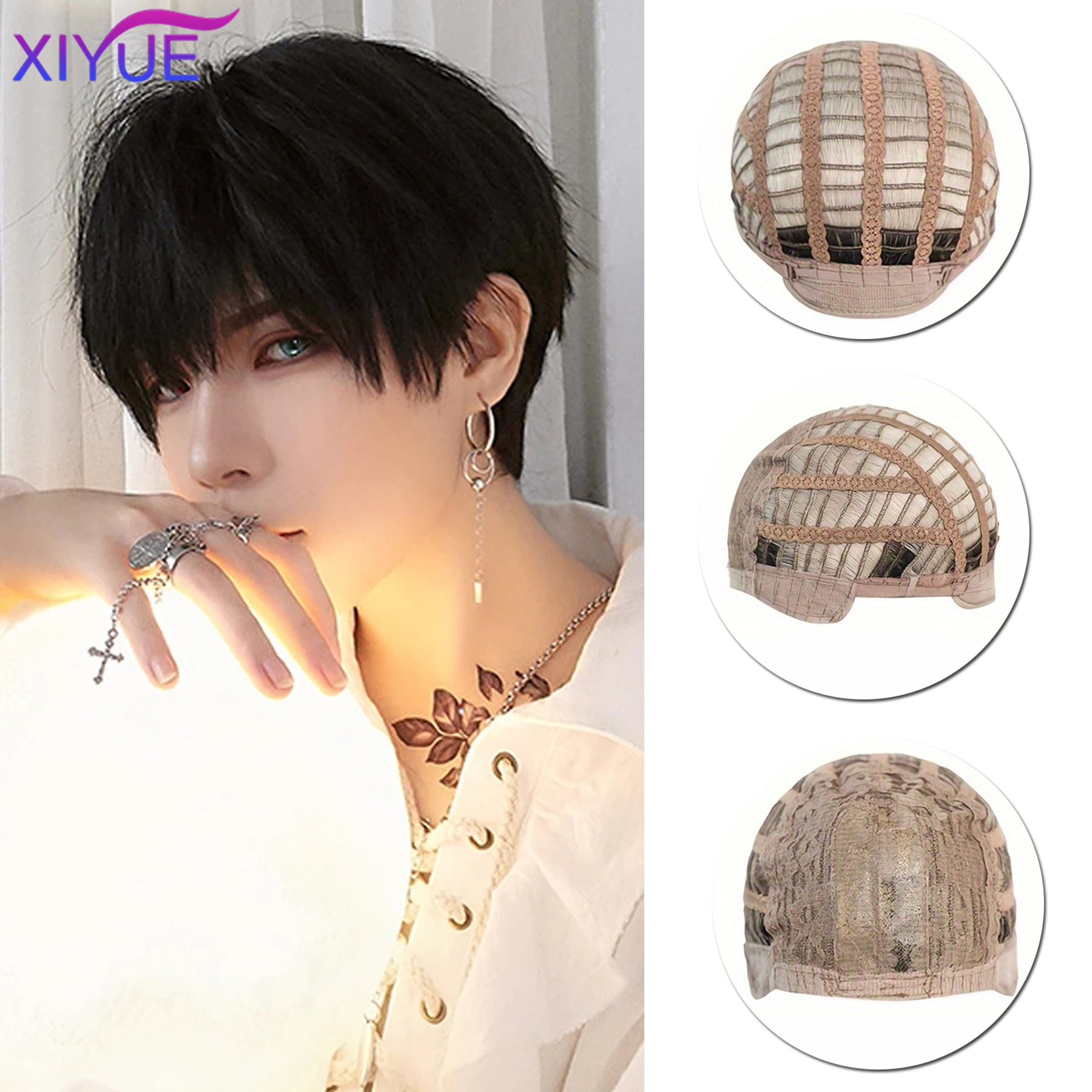 Kort syntetisk parykk for menn pustende brun menn gutt kort rett cosplay menn fest svart varmebestandig syntetisk hår parykk