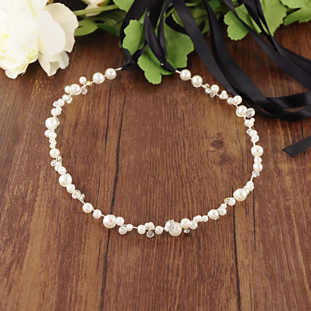 Cinturones de novia de cristal plata hechos a mano, cinturones finos de boda para vestido de perlas, cinturones de banda para boda, accesorios de boda, diadema dorada: Silver Black Ribbon