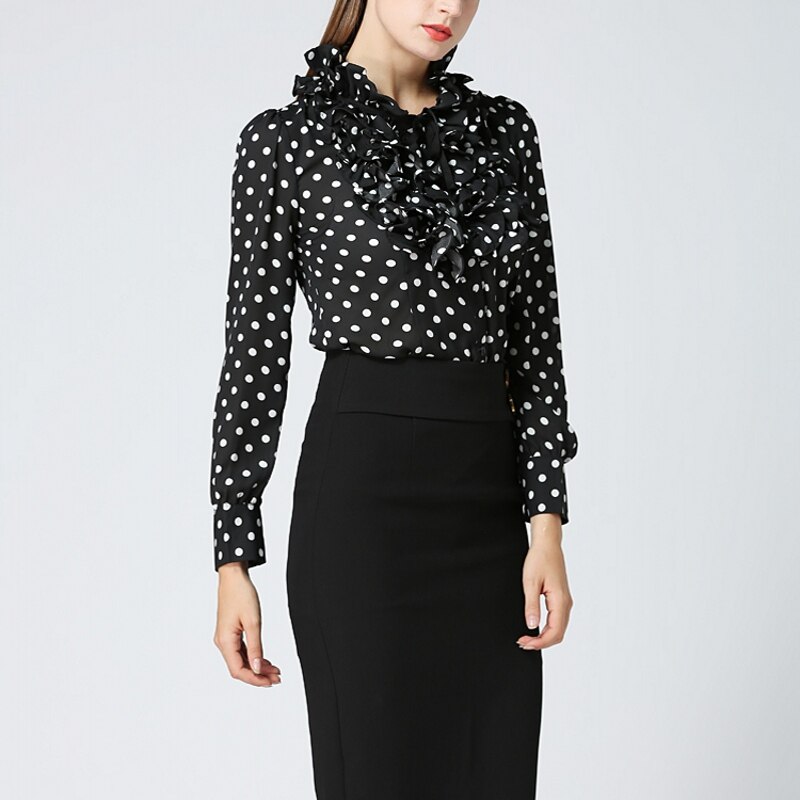 Body blusa Mujer Bodysuit Blusas camisa femenina Blusas Mujer Ruffle negro Polka Dot Chiffon ropa de manga larga