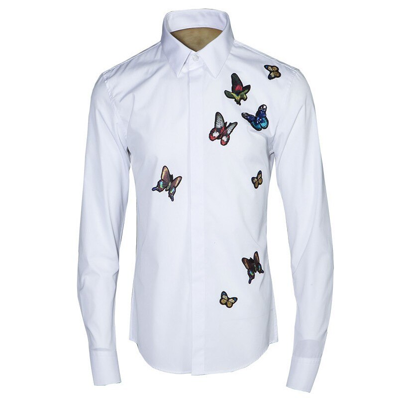Primavera hombres mariposa vestido de boda bordado camisas entallado oficina trabajo solapa cuello Camisetas camisa de hombre blanco Formal superior: White / Asia size 48