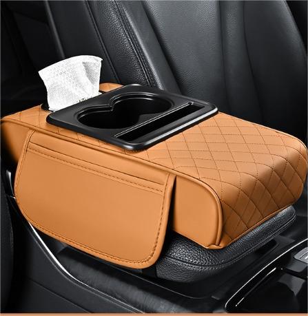 PU Leather Car Armrest Box Heightening Cushion with Cup Holder Tissue Box Side Storage Pocket Arm Rest Cover Height Pad: Orange