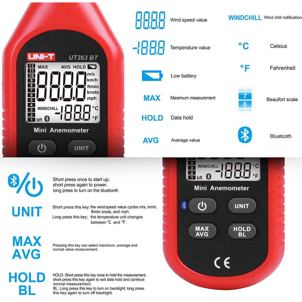 UNI-T UT363BT Mini Digital Bluetooth Anemometer Handheld Digital Anemometer Thermometer Anemometer