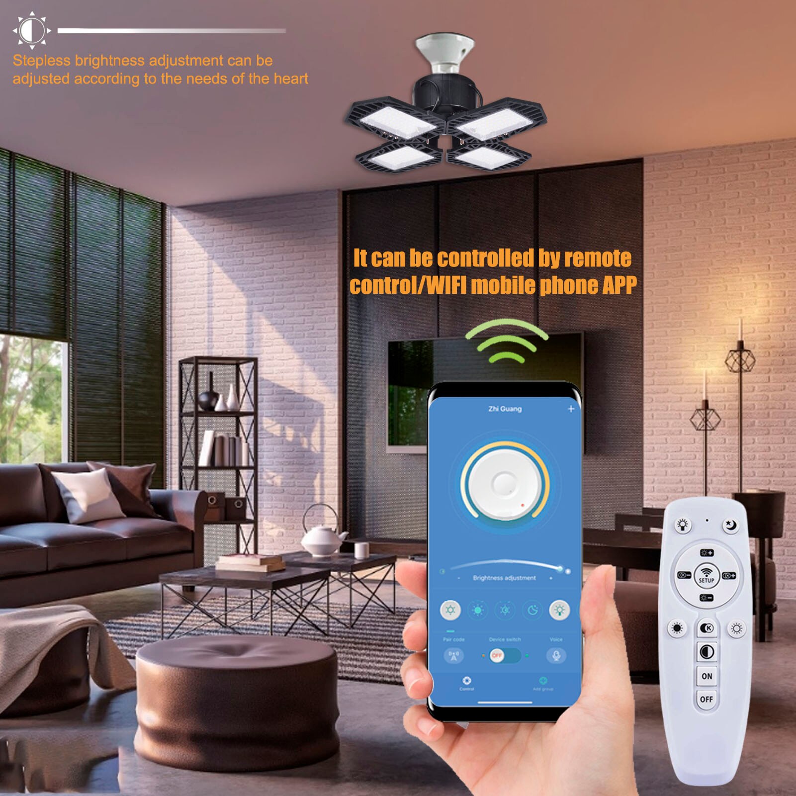 100W Garage Light Remote Control Bluetooth APP Control 3000K-6500K 10000LM Four Leaf Dimmable Adjustable Smart Folding Light