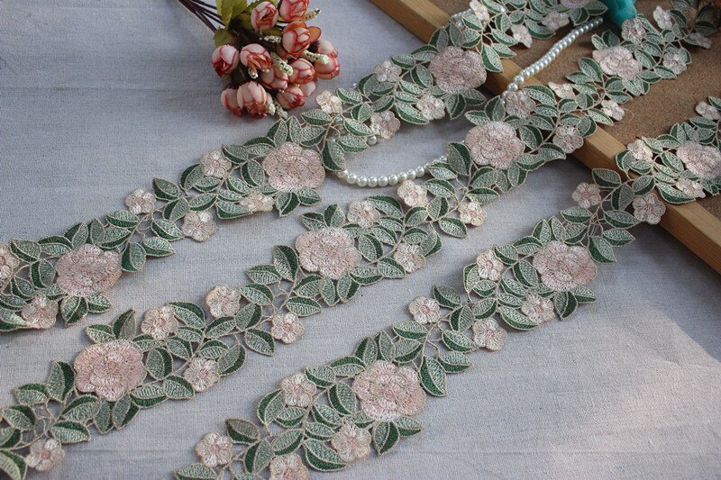 3 Yards/Lot Craft Water Oplosbare Borduren Lace Trim In Licht Roze + Licht Groen + Groen + Kaki, venise Lacetrim: 7cm wide