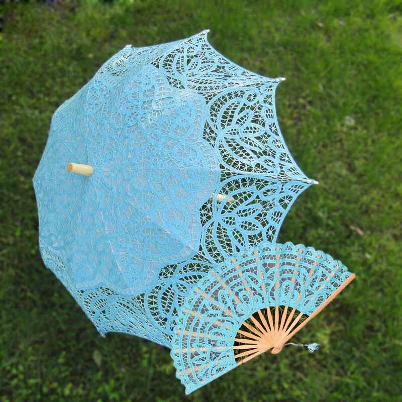 19 eeuw Populaire Steampunk Stijl Handgemaakte Battenburg Kanten Parasol Kant Fan Set Bruiloft Paraplu: A0104 turquise blue