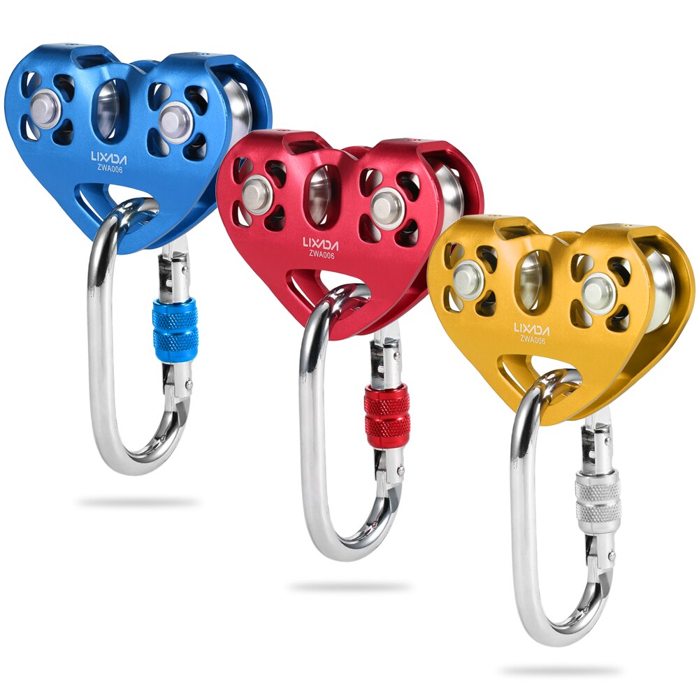 Lixada 30kN Cable Trolley Pulley Dual Pulley with 25kN Srew Locking Carainber For Rock Climbing Caving Aloft Work Rescue