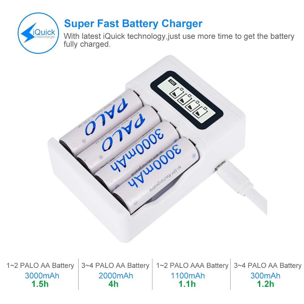 PALO AA AAA rechargeable battery charger 4 slot LCD smart usb charger for 1.2V AA AAA nimh nicd pre-charge batteria
