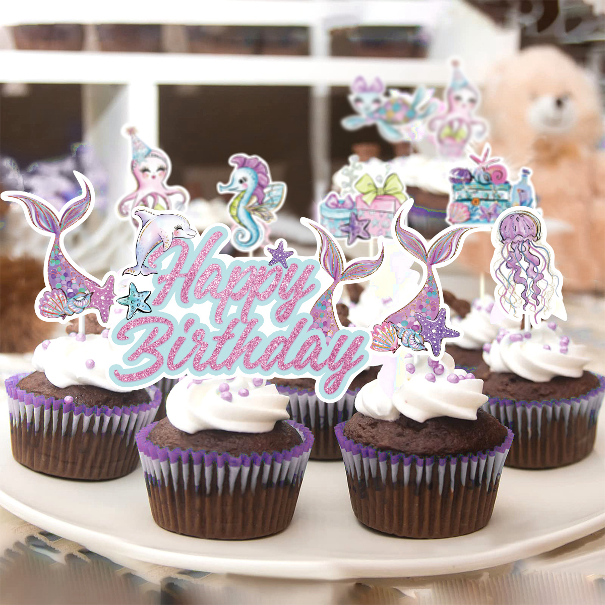 Merenneito-teemainen syntymäpäiväkakun koriste merenneidon pyrstö hyvää syntymäpäivää kakun koriste syntymäpäiväkakkuun vauvakutsujen juhlatarvikkeet