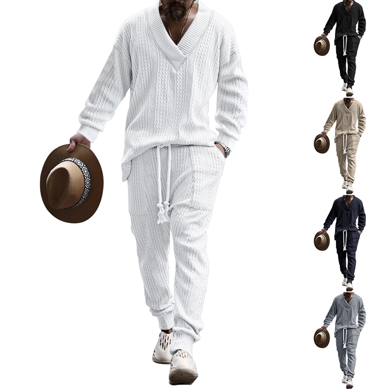 Conjunto de camisa y pantalón con cuello en V para hombre, traje de Jacquard de , estilo europeo y estadounidense, primavera y otoño, novedad