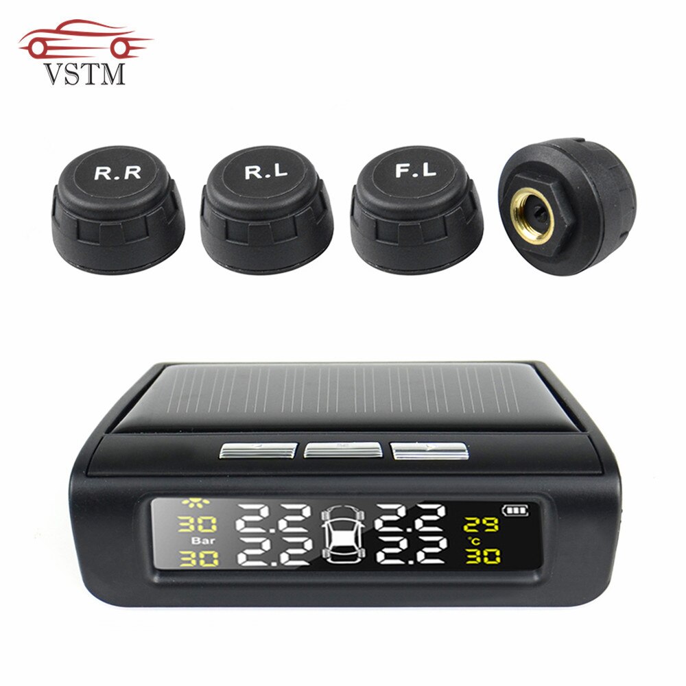 Solar Power TPMS Auto bandenspanning alarm bluetooth tpms android Monitoring Systeem LCD Display 4 externe sensor auto beveiliging