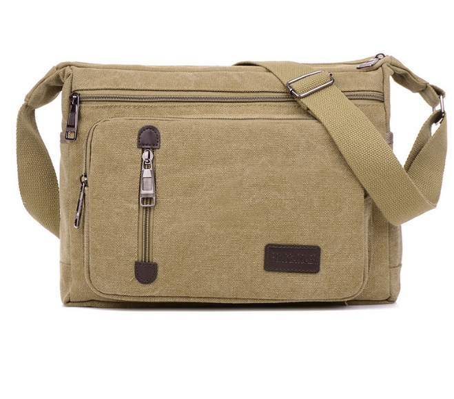Canvas schoudertas voor flessen, heren en dames, casual, eenvoudig, retro, crossbody, vierkant, meerlaags: Khaki