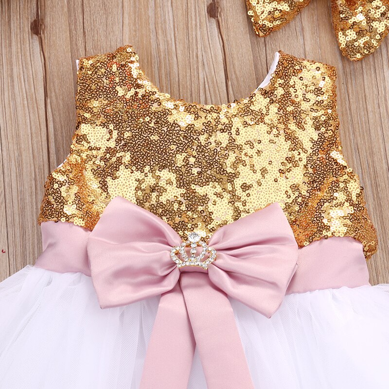 2017 del bambino Delle Ragazze Della Principessa Senza Maniche Fiocco Pizzo paillettes Abito di Sfera del Vestito Vestito Estivo Della Fascia 2PCS Vestito di Estate Vestiti Del Partito 0-10Y
