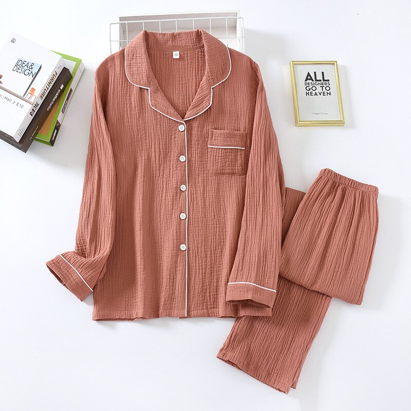 Lente En Herfst Mode Paar Pyjama Crêpe Katoen Ademende Broek Lange Mouwen Eenvoudige Effen Kleur Home Service Pak: Orange / M