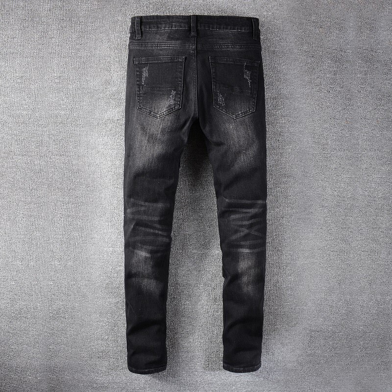 Jean en denim pour motard, plissé et patchwork déchiré, noir, streetwear, à la , pantalon en denim, à trous