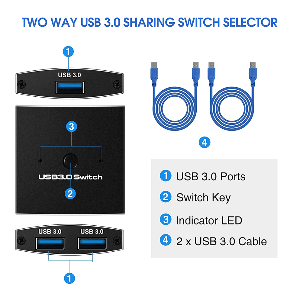 USB 3,0 Schalter USB Schalter Selector USB Bi-directional Switcher Box USB Sharing Switch 2 Computer für Tastatur Maus drucker