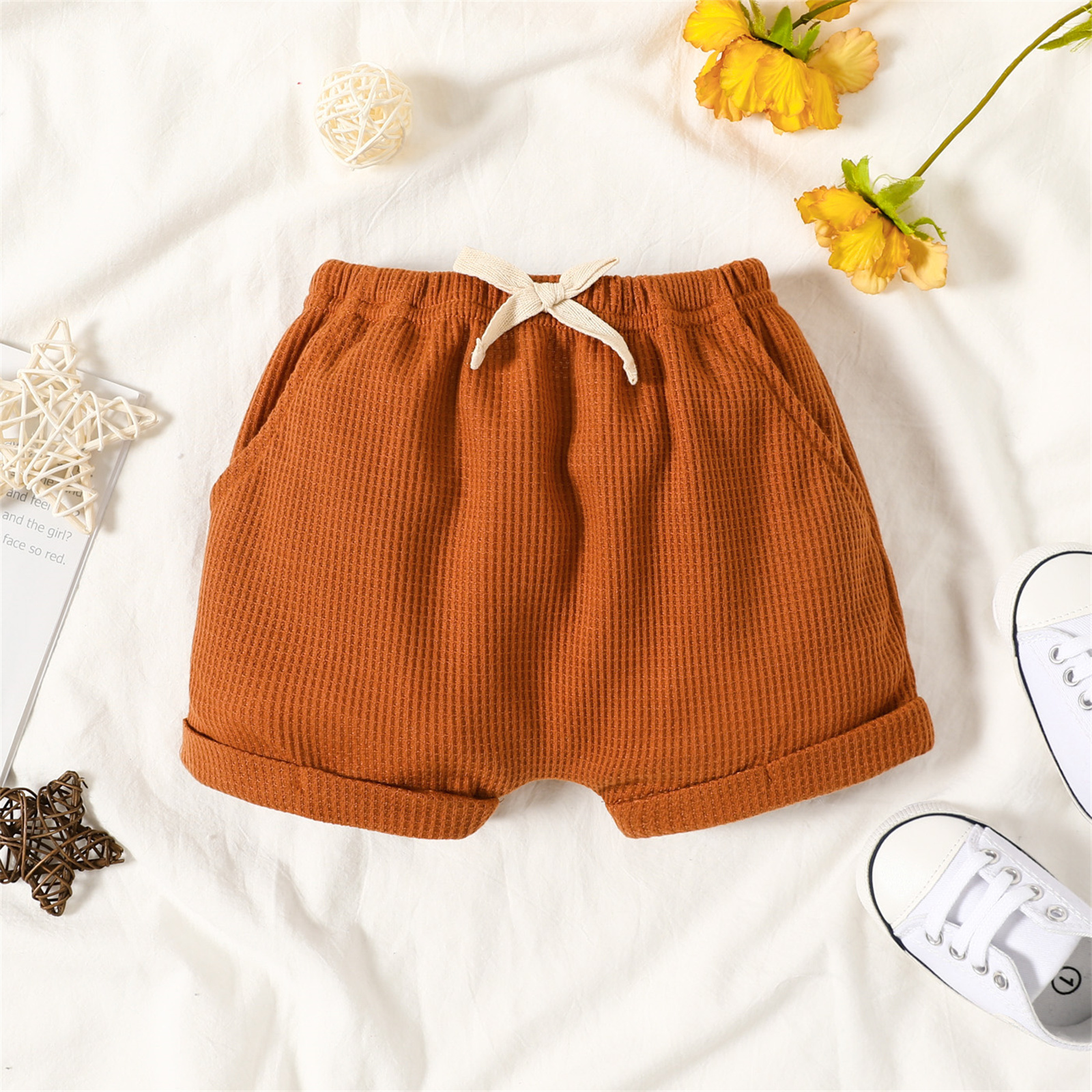 PatPat – short taille élastiquée pour bébé garçon, avec poches, couleur unie: Brown / 12-18 Months