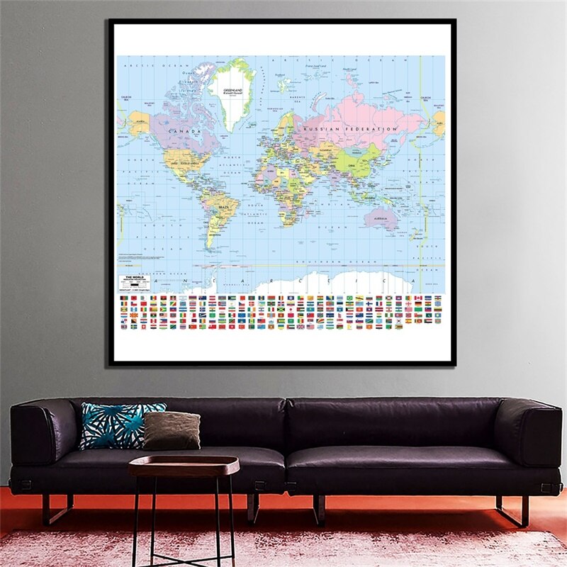 Mercator Projectie 90X90 Cm Wereldkaart Non-woven Inkjet Hd Wereldkaart Met Nationale Vlag