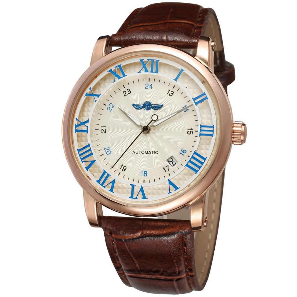 Top Winner Brand Automatic Watches Luxury Leather Watchband 24-hour Mechanical Clock Luminous Hands Calendar Date Clock: Pink