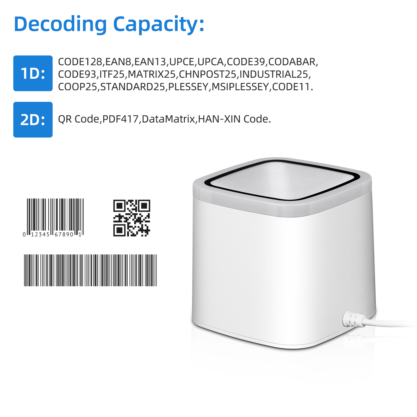 1D 2D QR Barcode Scanner Platform Hands-free USB Wired Bar Code Reader CMOS Image Sensor Desktop Scanner Large Scanning Window