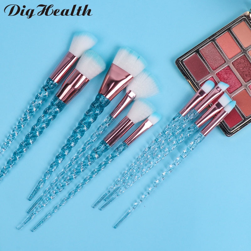 Dighealth – ensemble de pinceaux de maquillage licorne, lot de 10 pièces, professionnels, poignée en spirale, cristal, poudre de fond de teint, outils cosmétiques