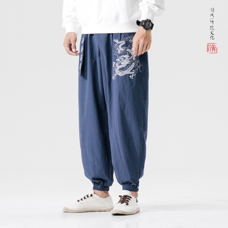 Japanese Casual Kimono Pants Dragon pattern Loose Samurai Print Trouser Japan Men Traditional Asian Costume Yukata Style Cotton: blue / 5XL